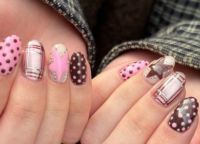 Unique nail art with polka dots and plaid designs at byphoeb, Cardiff, Wales, GB.