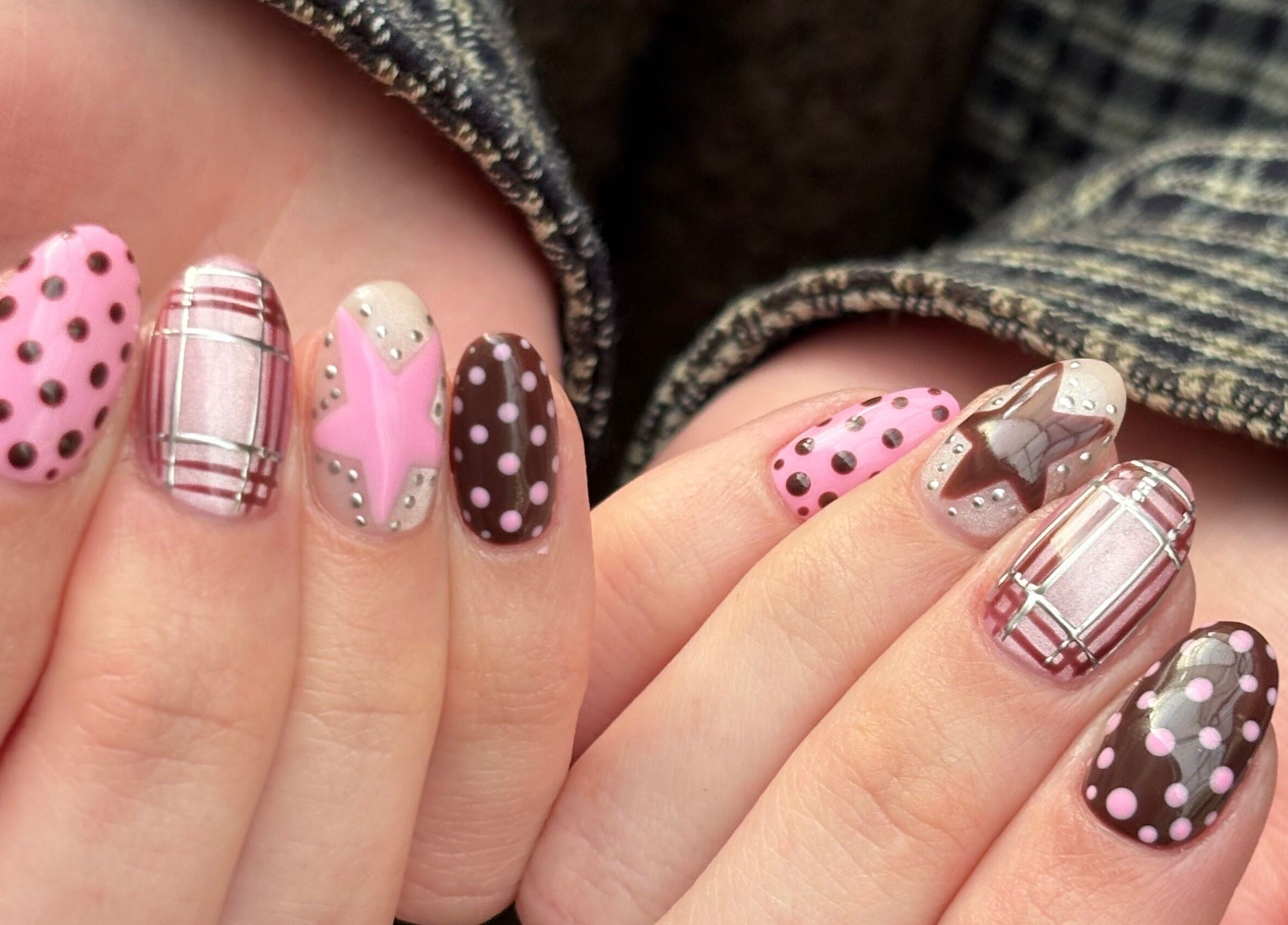 Unique nail art with polka dots and plaid designs at byphoeb, Cardiff, Wales, GB.