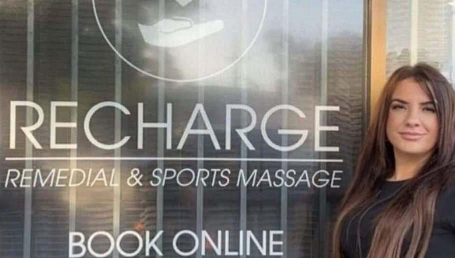Front view of Recharge Remedial And Sports Massage in Roleystone, Western Australia, AU with a guest.
