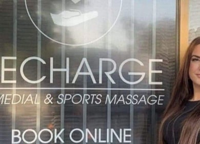 Front view of Recharge Remedial And Sports Massage in Roleystone, Western Australia, AU with a guest.