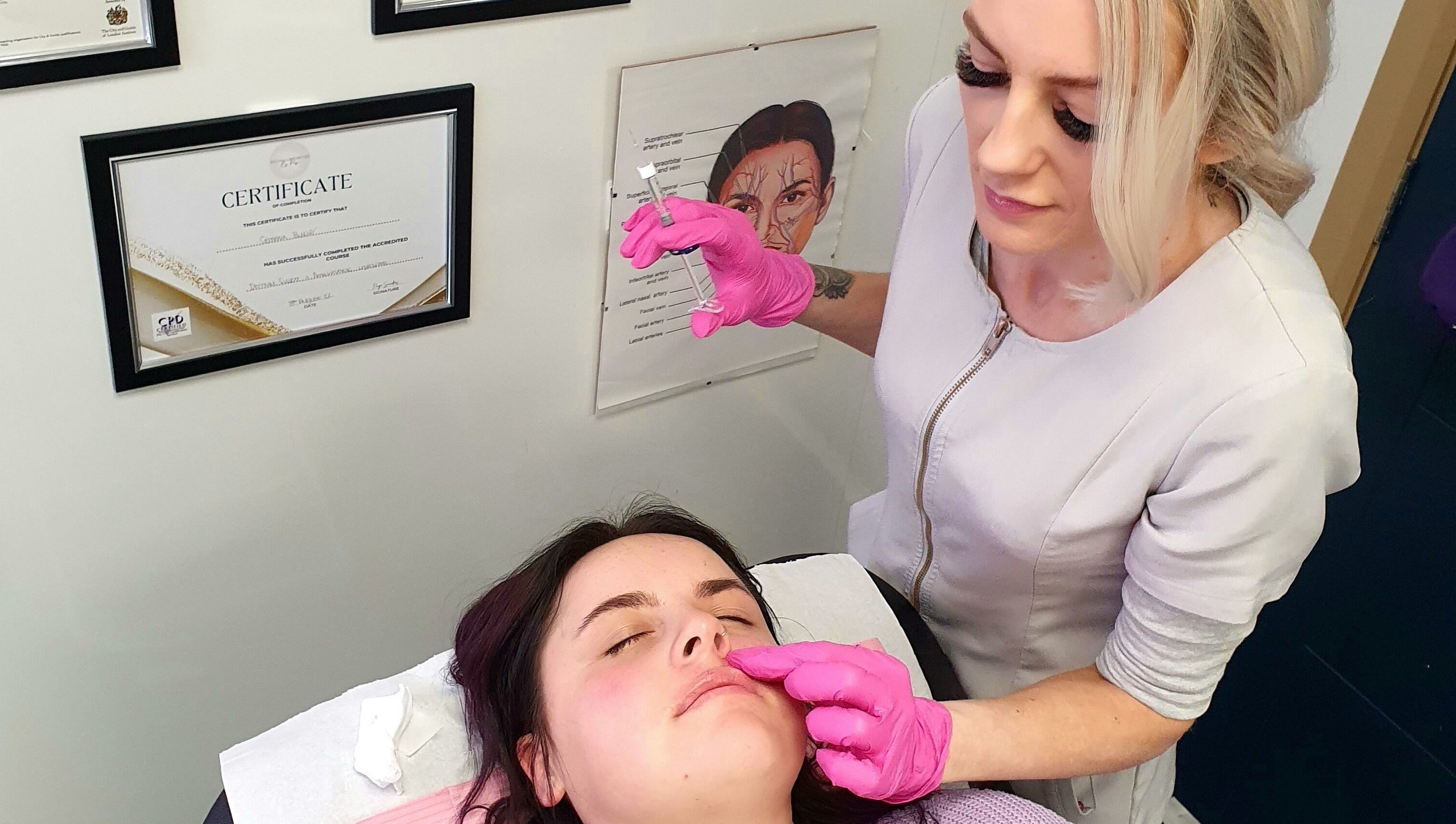 Expert aesthetician performs facial filler at GCI Advanced Aesthetics in Aberdeen, Scotland, GB.