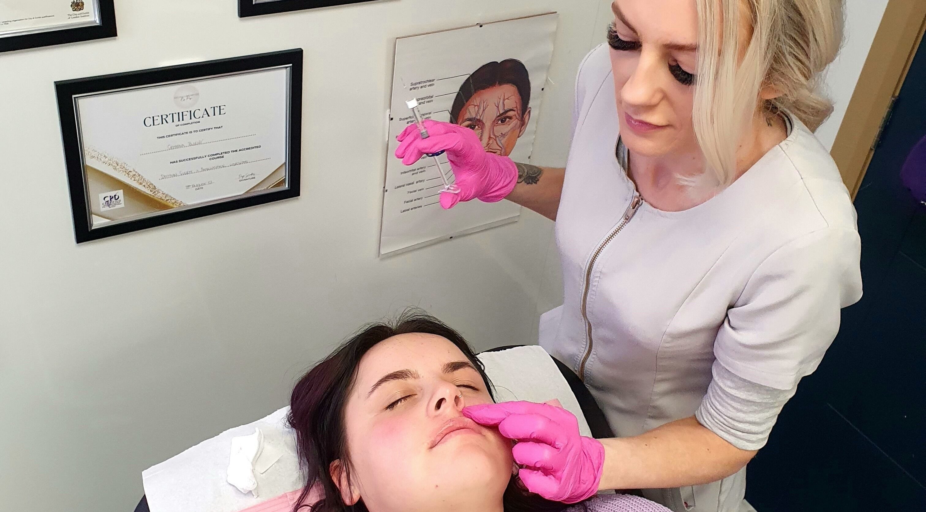Expert aesthetician performs facial filler at GCI Advanced Aesthetics in Aberdeen, Scotland, GB.
