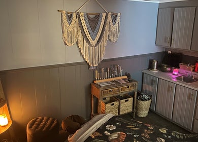 Calm therapy room at The Root Wellness Center, Caro, Michigan, US with a macramé wall hanging.