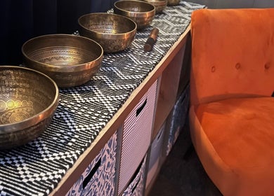 Decorative sound bowls in a relaxing room at The Root Wellness Center, Caro, Michigan, US.
