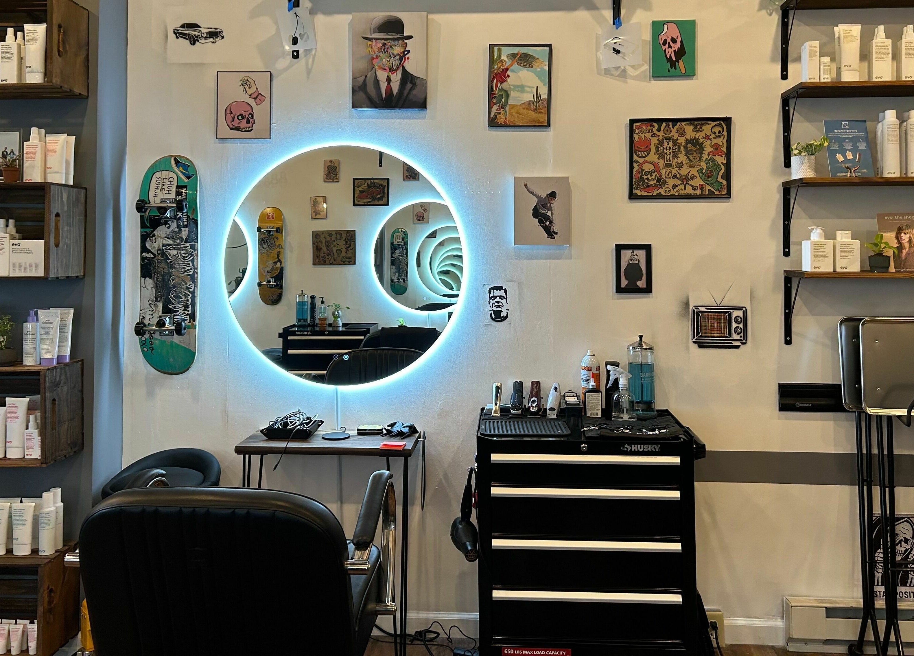 Trendy interior of The Workshop Hair Studio in Lancaster, Pennsylvania, US featuring modern decor and hair products.