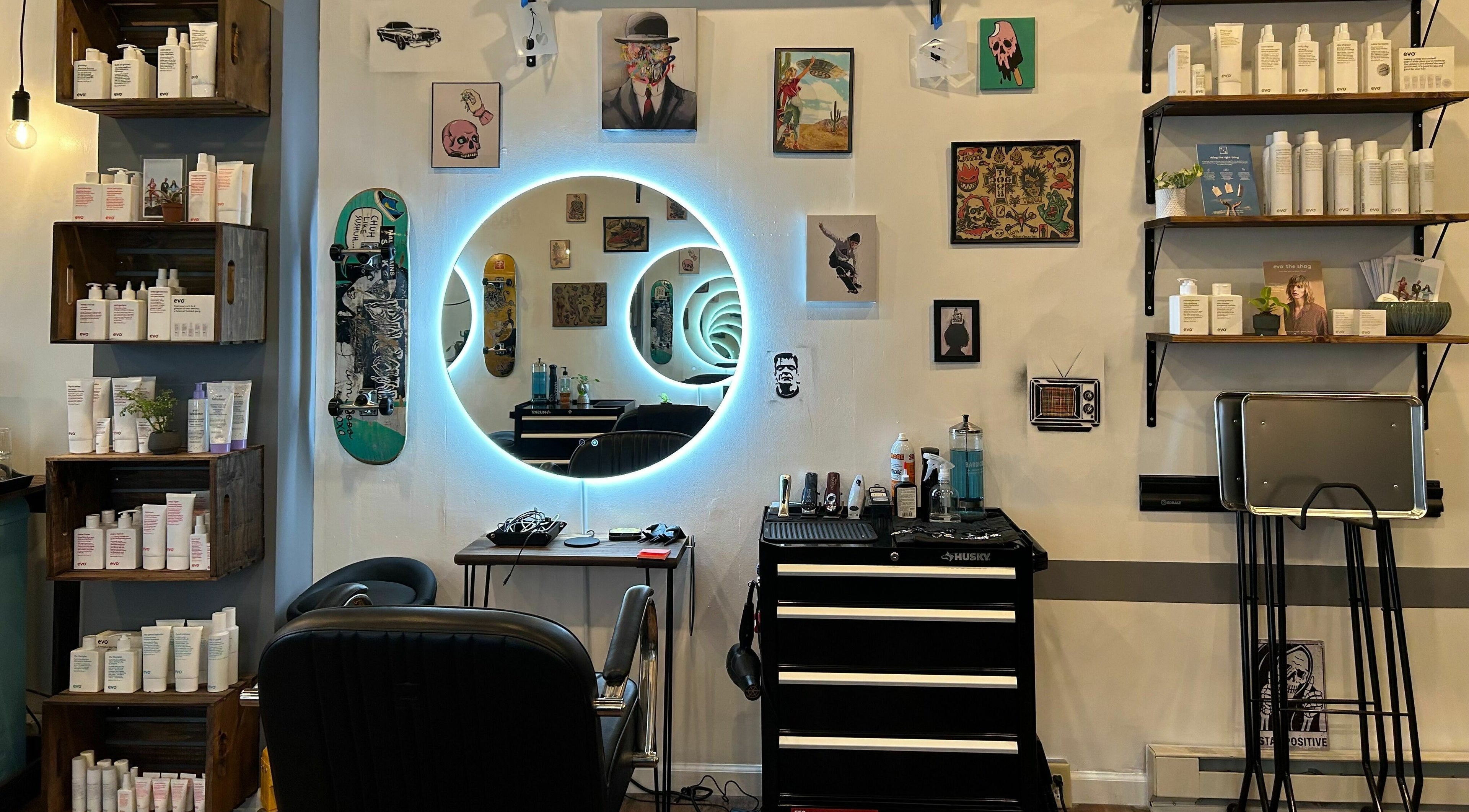 Trendy interior of The Workshop Hair Studio in Lancaster, Pennsylvania, US featuring modern decor and hair products.