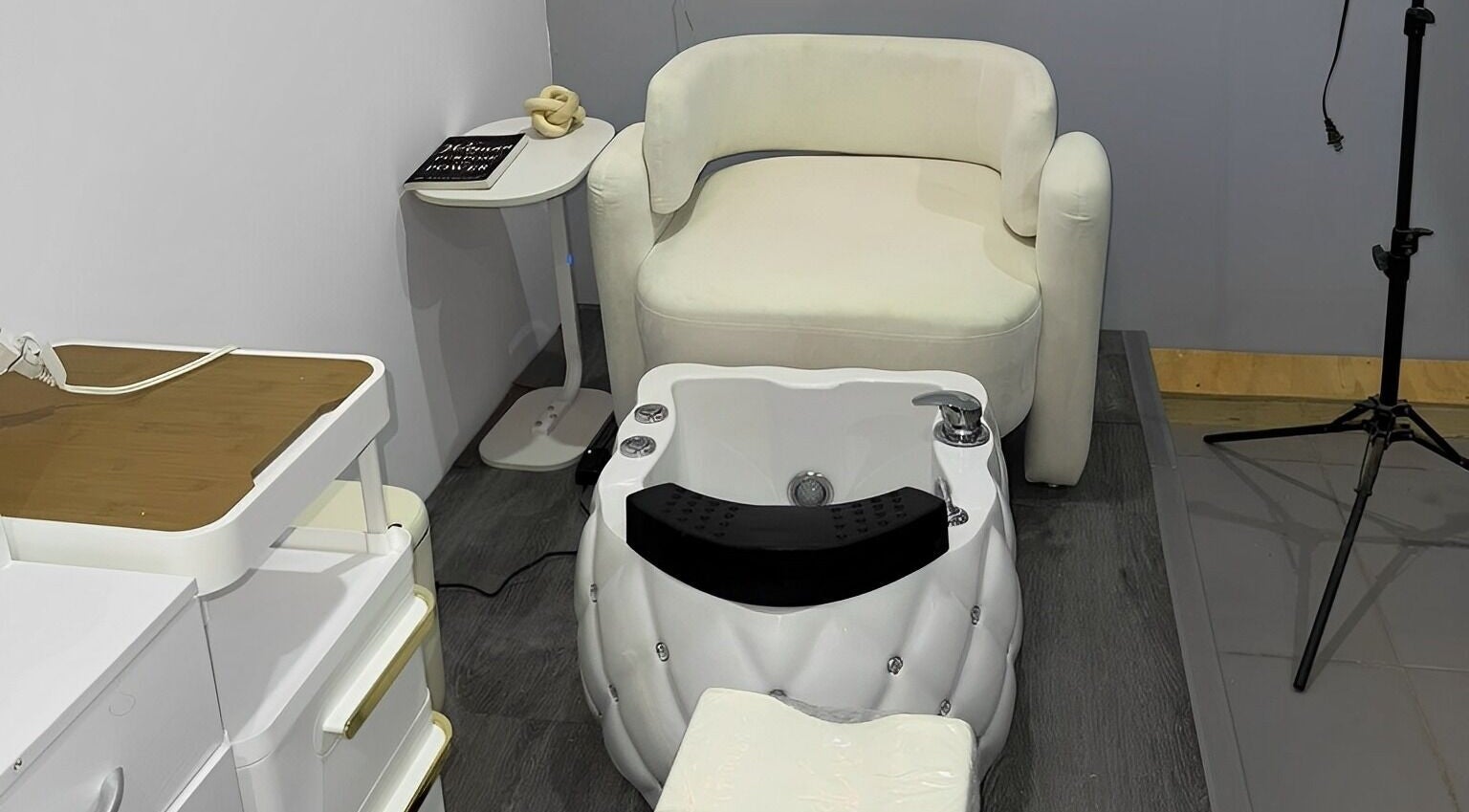 Chic pedicure setup at Get The Glow Beauty Supply Store Bonaire, Kralendijk, Bonaire, BQ with modern chairs and foot spa.