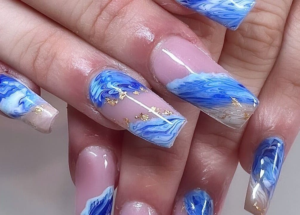 Stunning blue marble nails at Gloxy Nails, Banbridge, Northern Ireland, GB.