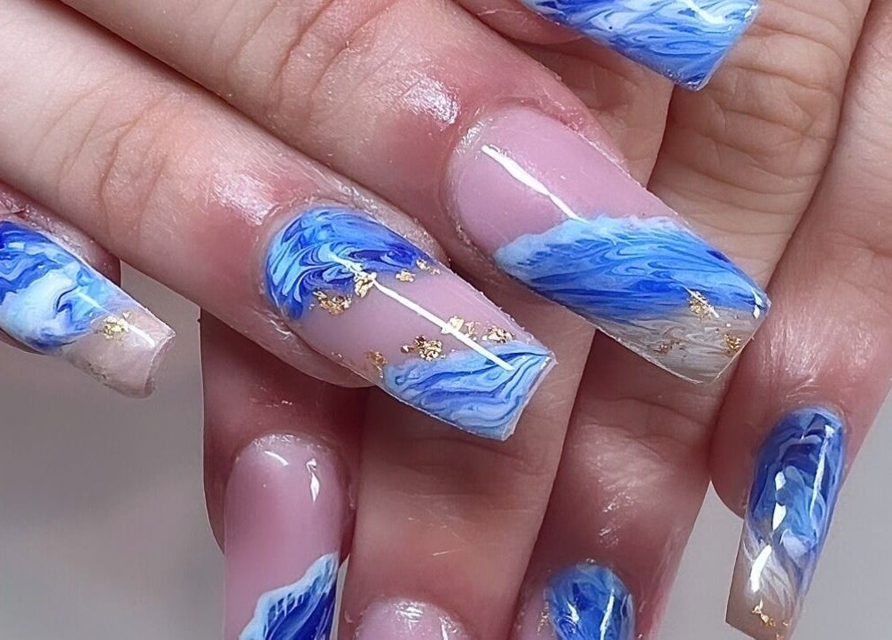 Stunning blue marble nails at Gloxy Nails, Banbridge, Northern Ireland, GB.
