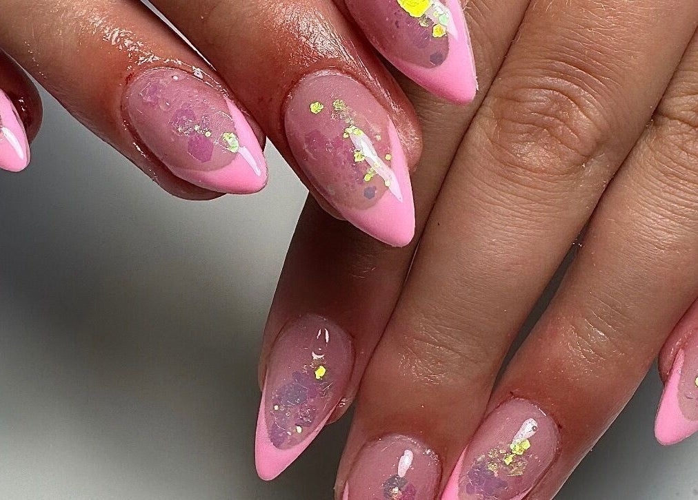 Elegant pink nails with sparkles at Gloxy Nails, Banbridge, Northern Ireland, GB.
