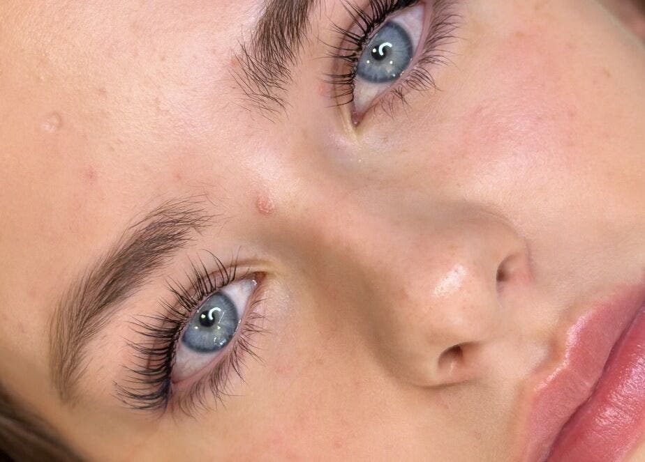 Close-up of enhanced lashes and brows at FLD Beauty in Stansted Mountfitchet, England, GB.