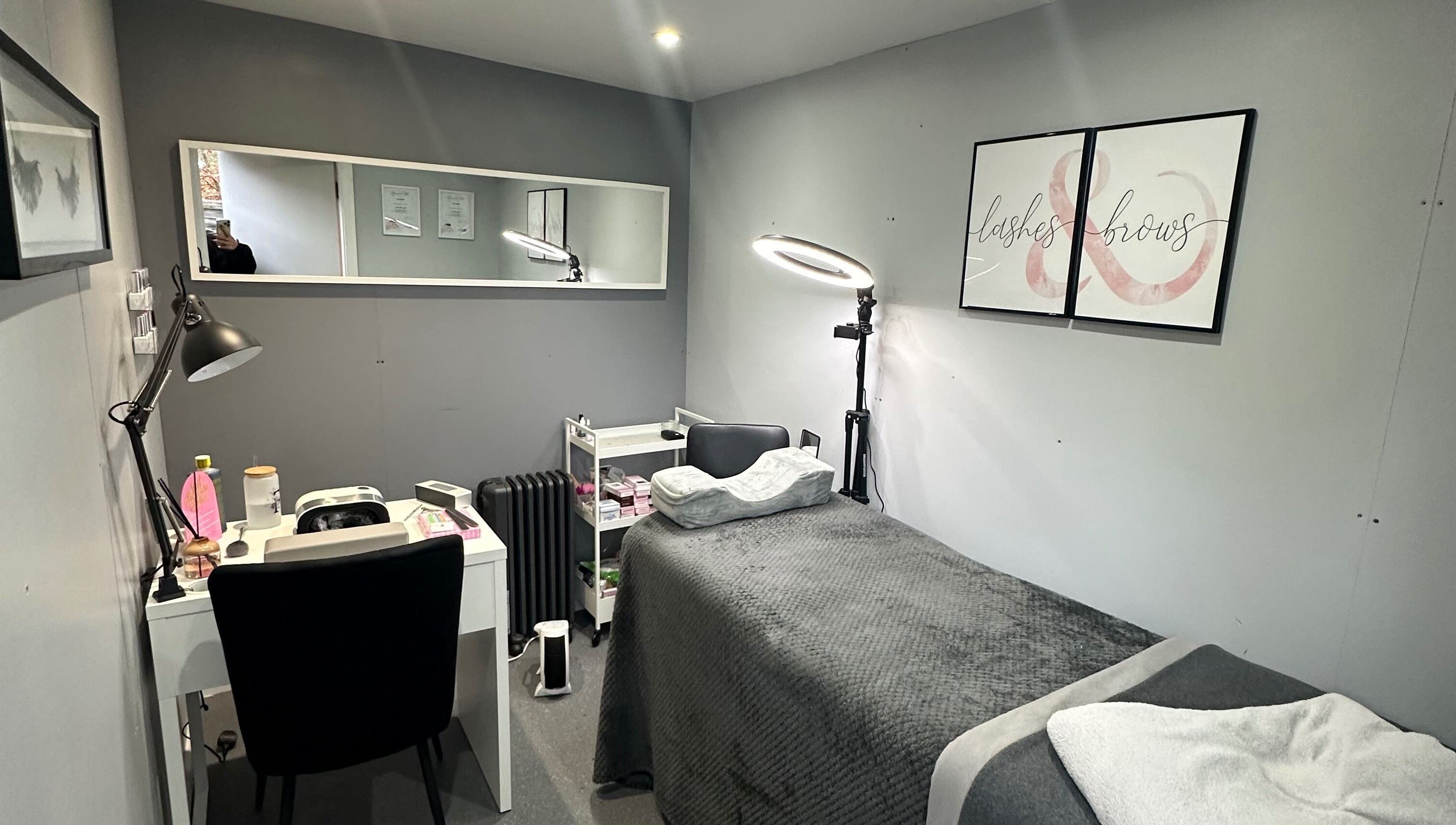 FLD Beauty treatment room with lash and brow decor in Stansted Mountfitchet, England, GB.