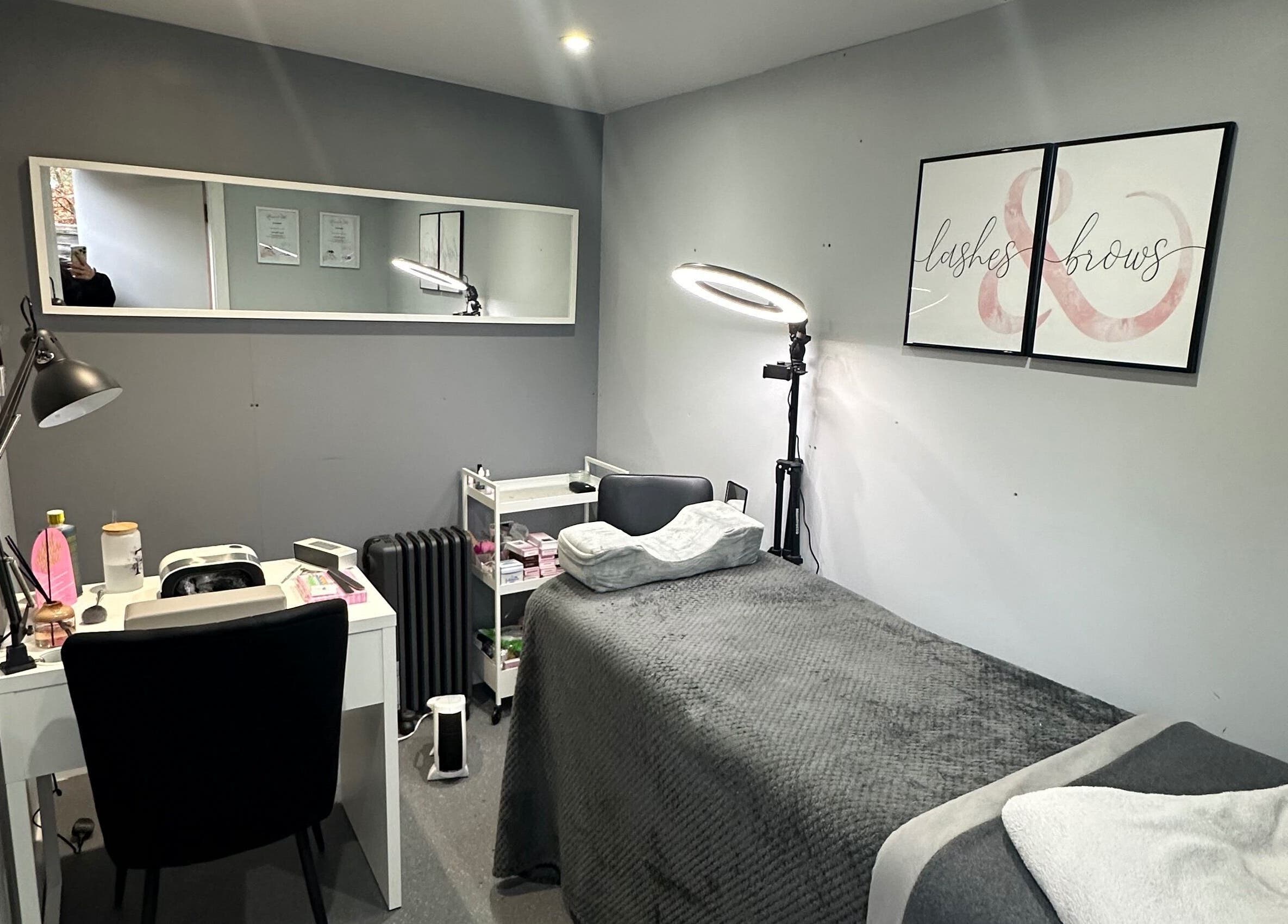 FLD Beauty treatment room with lash and brow decor in Stansted Mountfitchet, England, GB.