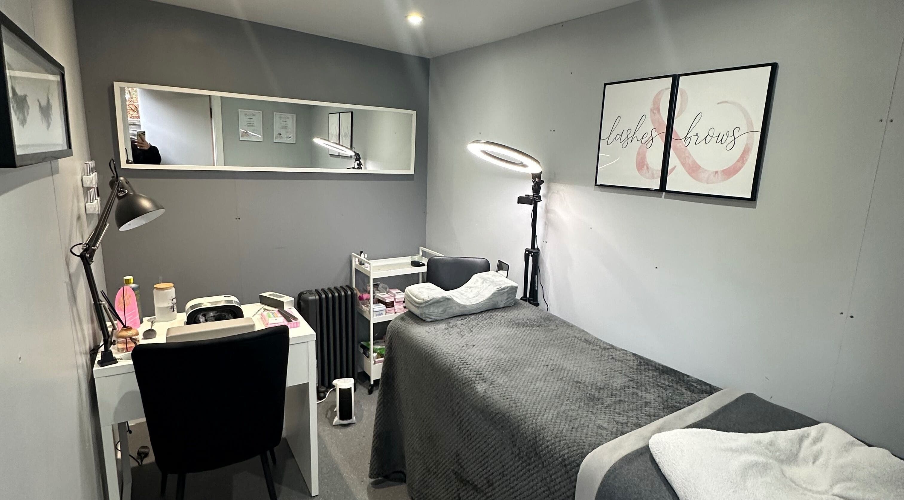 FLD Beauty treatment room with lash and brow decor in Stansted Mountfitchet, England, GB.
