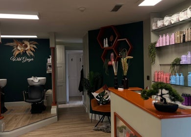 Chic interior of Wild Ginger Innovative Hair salon, Nenagh, County Tipperary, IE. Modern decor and beauty products.