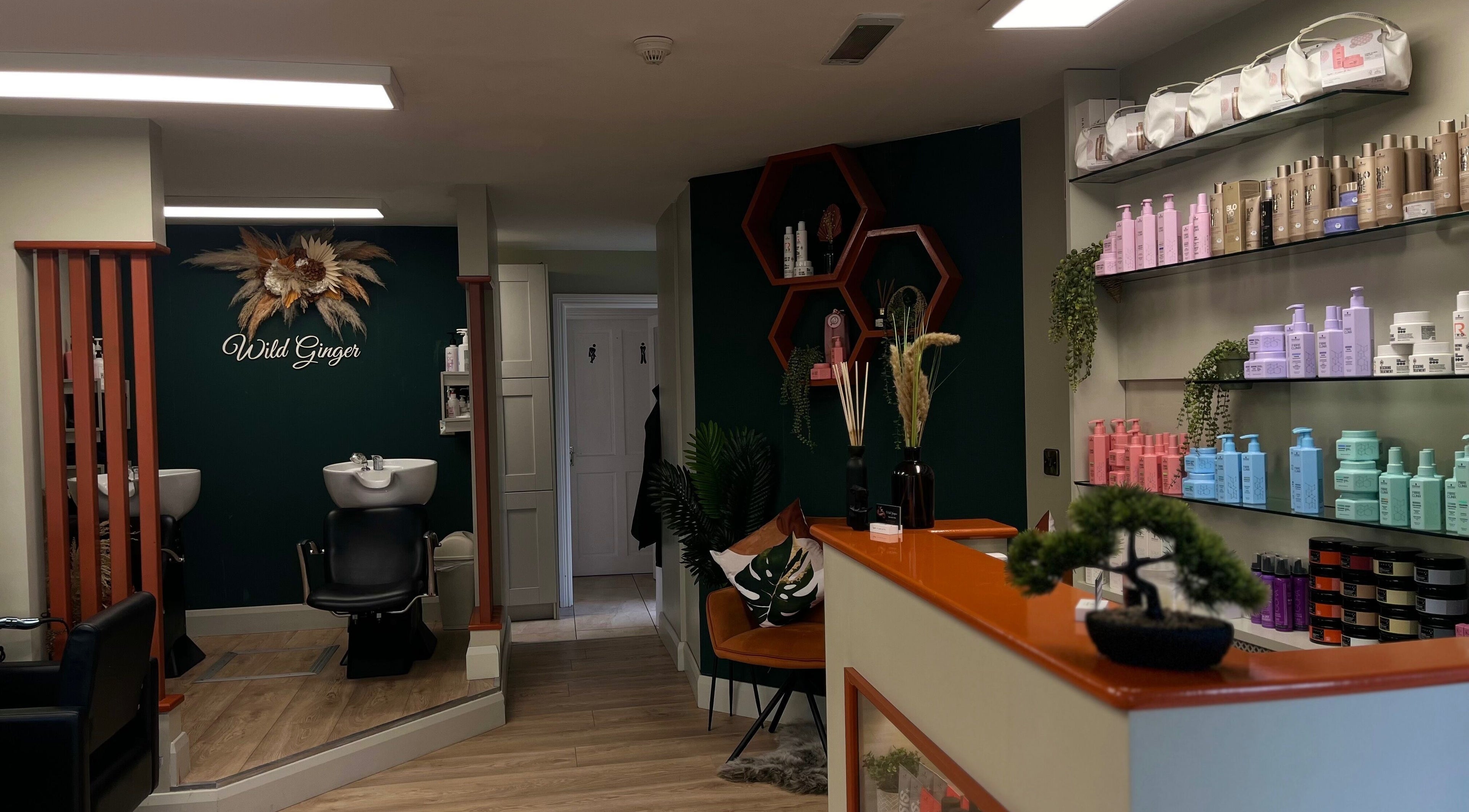 Chic interior of Wild Ginger Innovative Hair salon, Nenagh, County Tipperary, IE. Modern decor and beauty products.