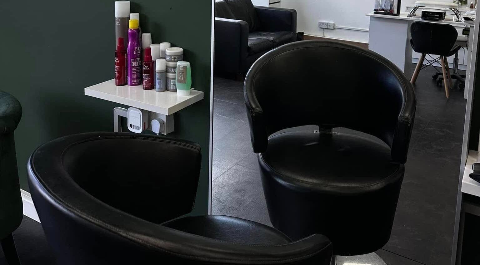 Modern salon chair and products at SORCIA, Bournemouth, England, GB enhancing beauty experience.