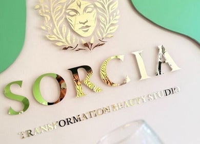 Stylish signage of SORCIA Transformation Beauty Studio in Bournemouth, England, GB, reflecting elegance and sophistication.