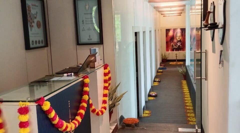 Reception and serene pathway at Meghavi Wellness Spa | The Stadel, Kolkata, West Bengal, IN