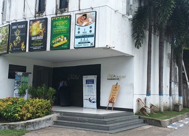 Entrance of Meghavi Wellness Spa | The Stadel in Kolkata, West Bengal, IN adorned with vibrant banners.