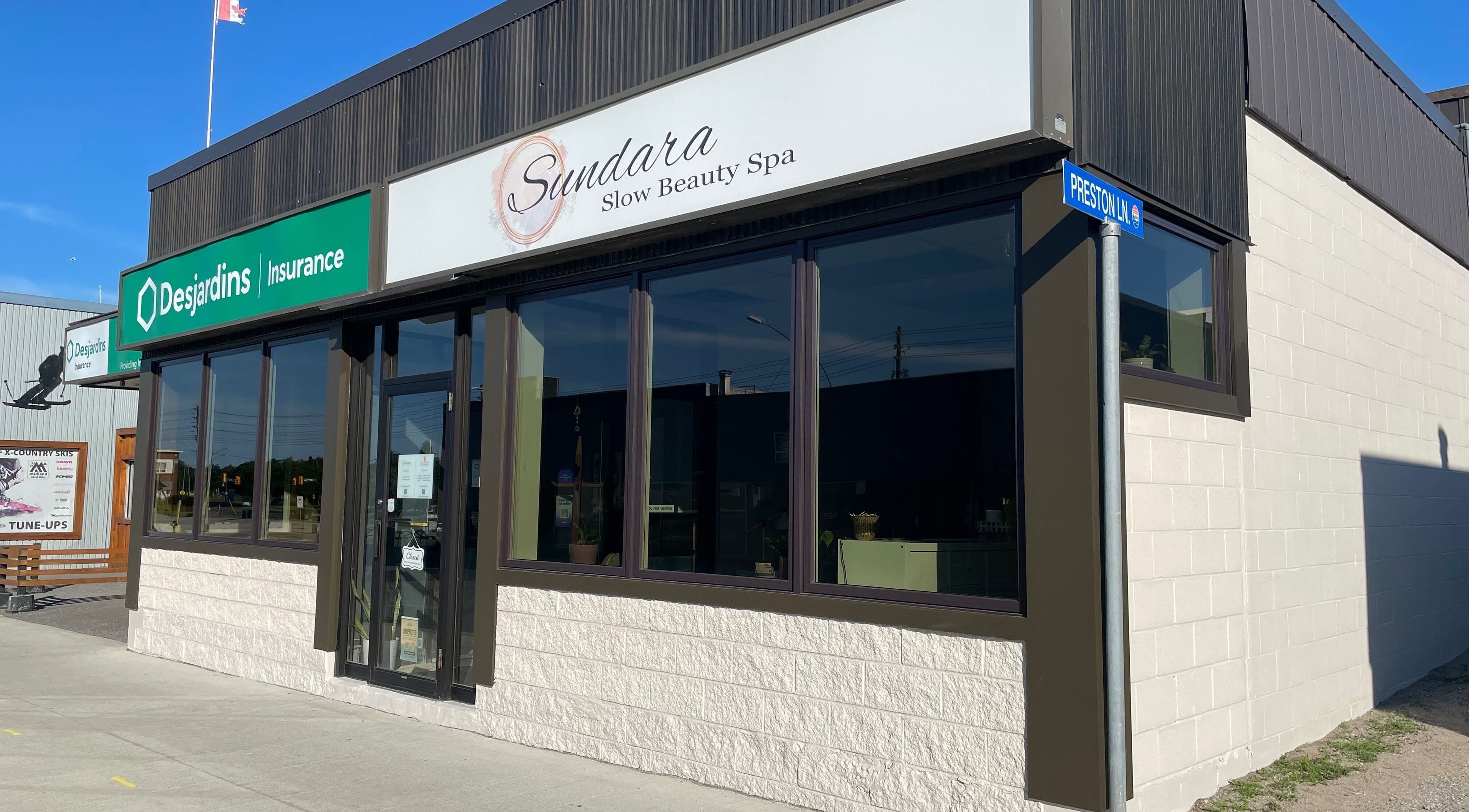 Front view of Sundara Spa at Midland, Ontario, CA, showcasing modern design and inviting entrance.