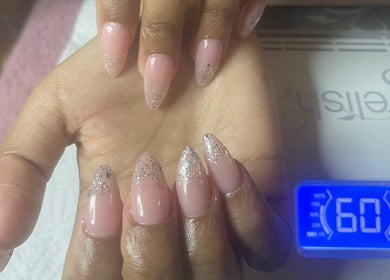 Elegant pink nails with glitter detail at The Beauty Box, Cape Town, Western Cape, ZA.