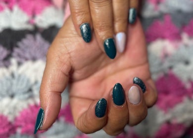 Stylish teal and glitter manicure at The Beauty Box, Cape Town, Western Cape, ZA.