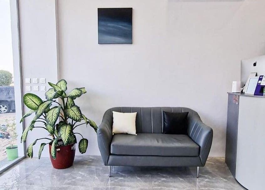 Elegant lobby at Salon and Spa Elegant, Al Mubarraz, Eastern Province, SA featuring sleek grey couch and plant.