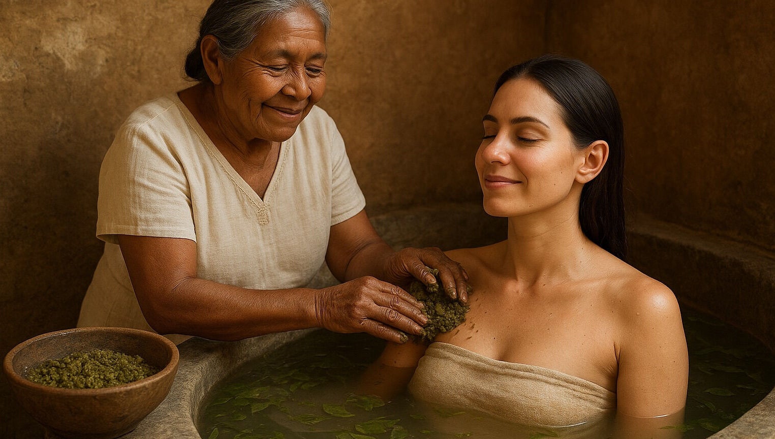 Una mujer recibendo un tratamiento spa tradicional en Spa Casa De Paz, Tulum, Quintana Roo, MX.