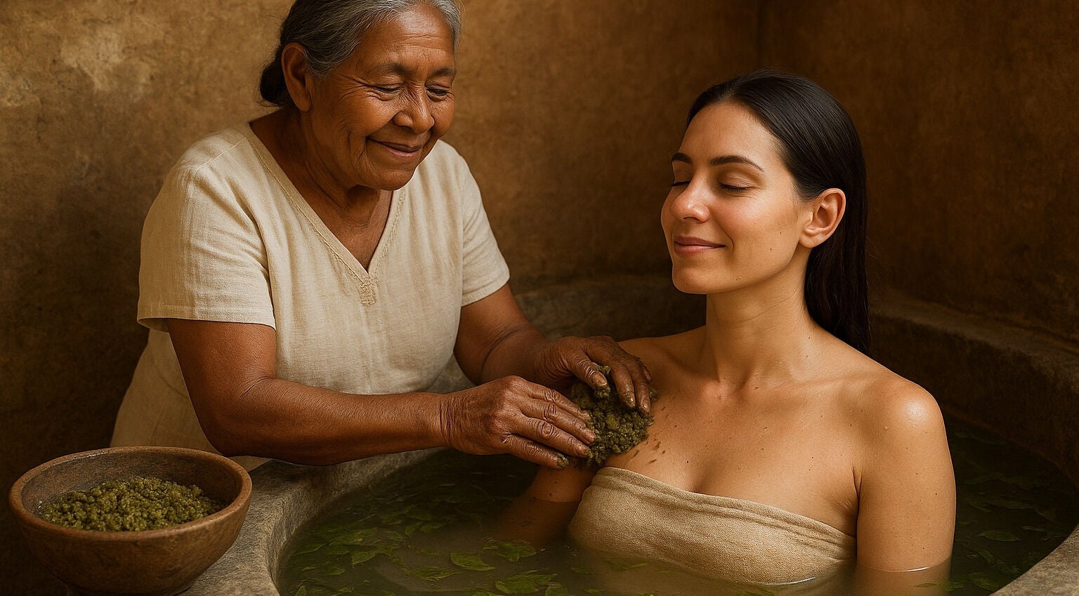 Una mujer recibendo un tratamiento spa tradicional en Spa Casa De Paz, Tulum, Quintana Roo, MX.