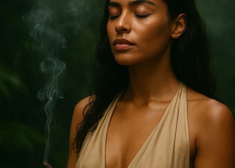 Mujer meditando con incienso en Spa Casa De Paz, Tulum, Quintana Roo, MX.