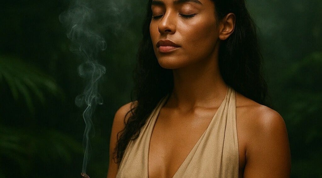 Mujer meditando con incienso en Spa Casa De Paz, Tulum, Quintana Roo, MX.