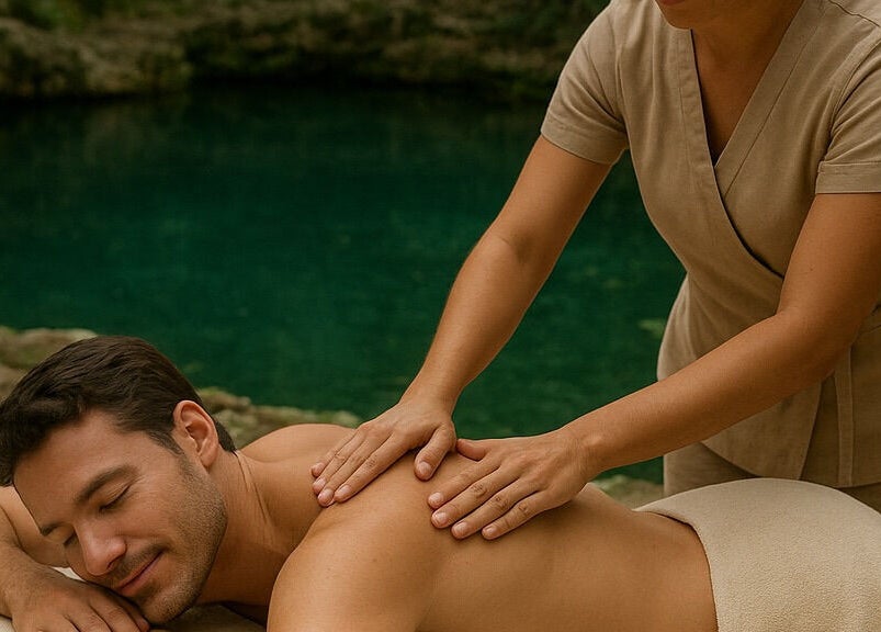 Hombre recibiendo masaje en Spa Casa De Paz en Tulum, Quintana Roo, MX con vista a la naturaleza.