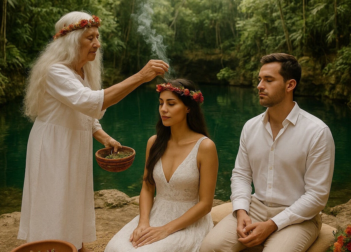 Ceremonia espiritual en Spa Casa De Paz, Tulum, Quintana Roo, MX, junto a un hermoso cenote.