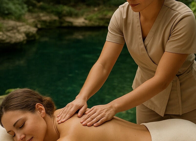 Masaje relajante en Spa Casa De Paz, Tulum, Quintana Roo, MX junto al agua. Ambiente natural y pacífico.