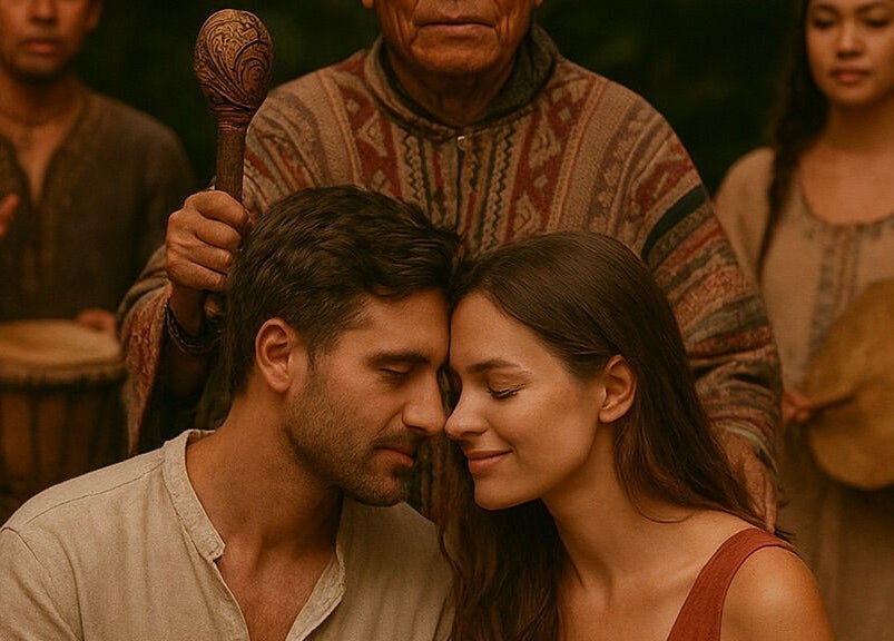 Pareja en un ritual espiritual en Spa Casa De Paz, Tulum, Quintana Roo, MX, rodeados de música ancestral.