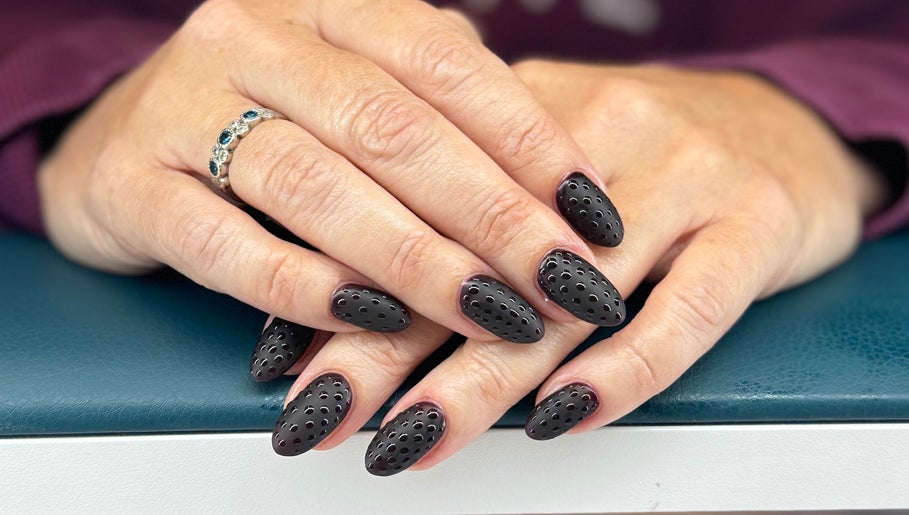 Elegant black nail art by Polished by Bec Mobile Nail Services in Grimsby, Ontario, CA showcases unique style.