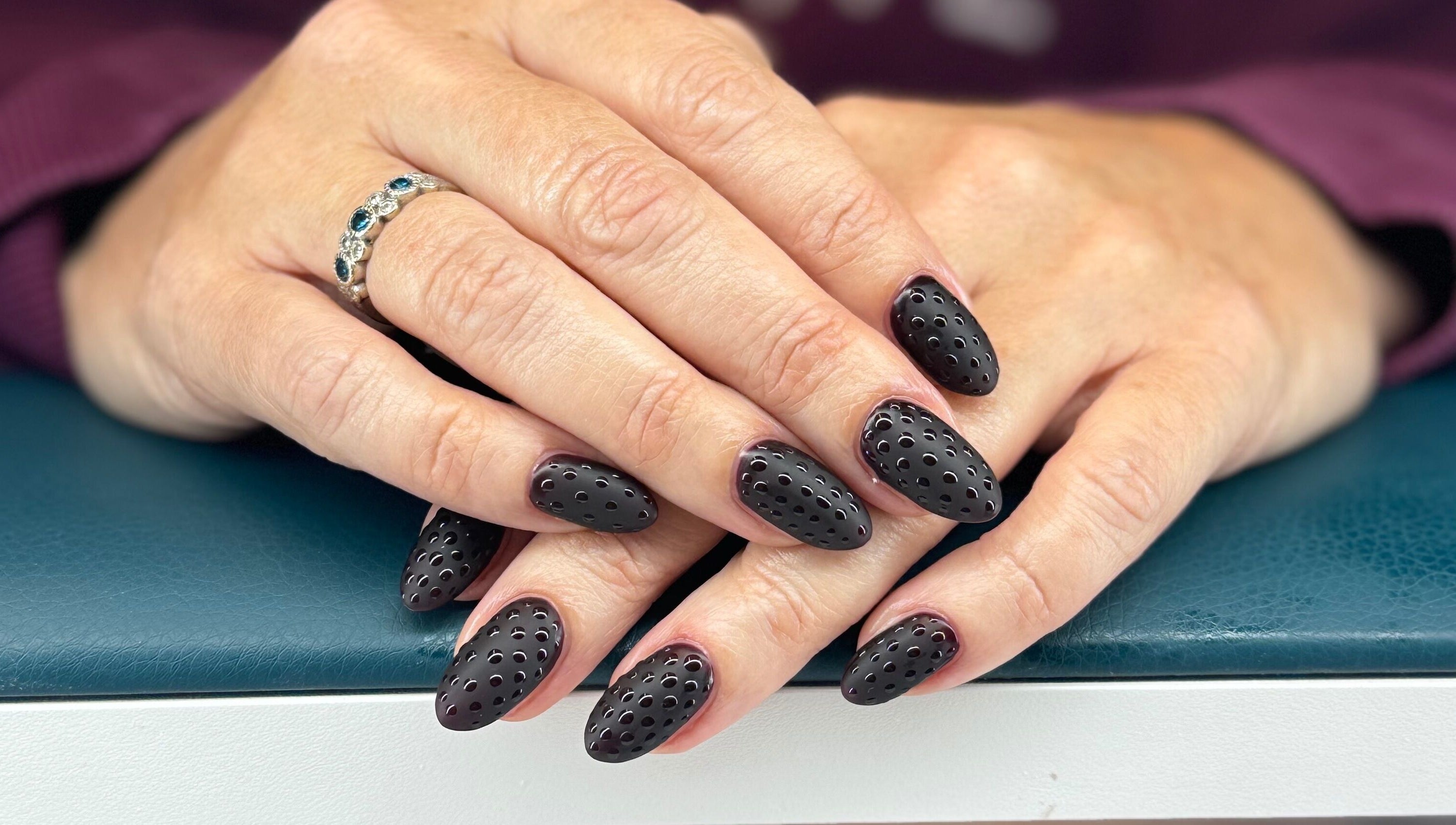 Elegant black nail art by Polished by Bec Mobile Nail Services in Grimsby, Ontario, CA showcases unique style.