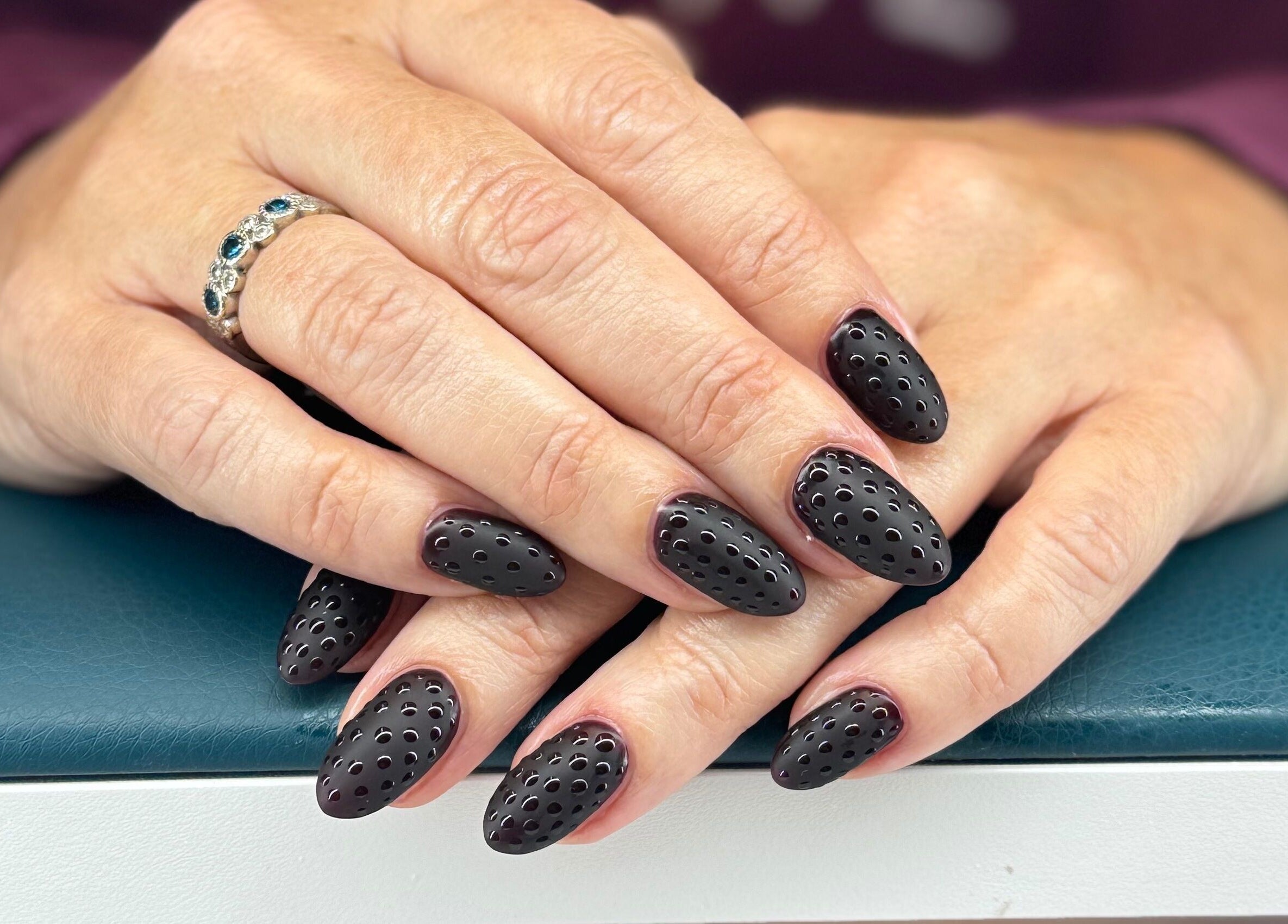 Elegant black nail art by Polished by Bec Mobile Nail Services in Grimsby, Ontario, CA showcases unique style.