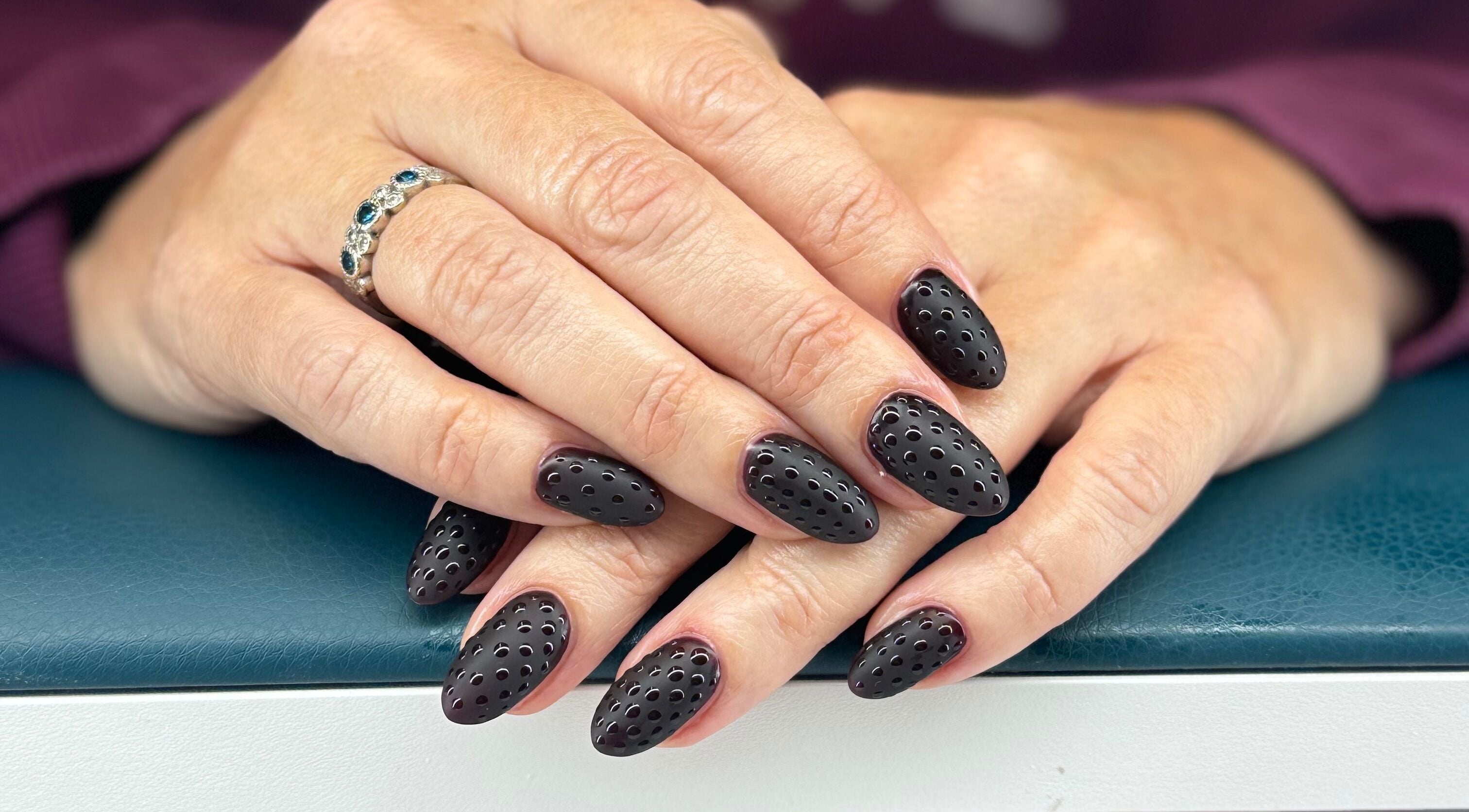 Elegant black nail art by Polished by Bec Mobile Nail Services in Grimsby, Ontario, CA showcases unique style.
