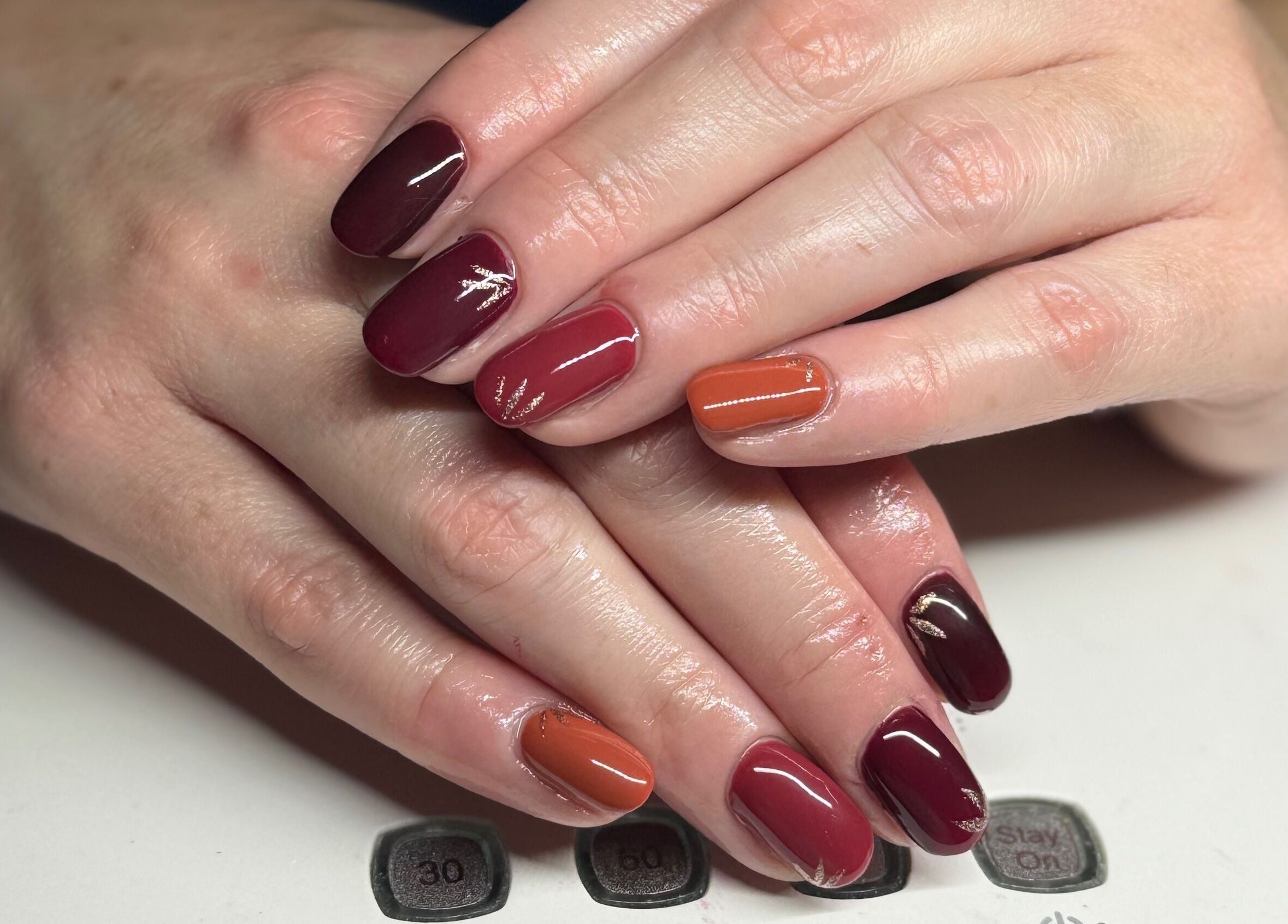 Elegant nail art by Polished by Bec Mobile Nail Services in Grimsby, Ontario, CA showcasing autumn colors.