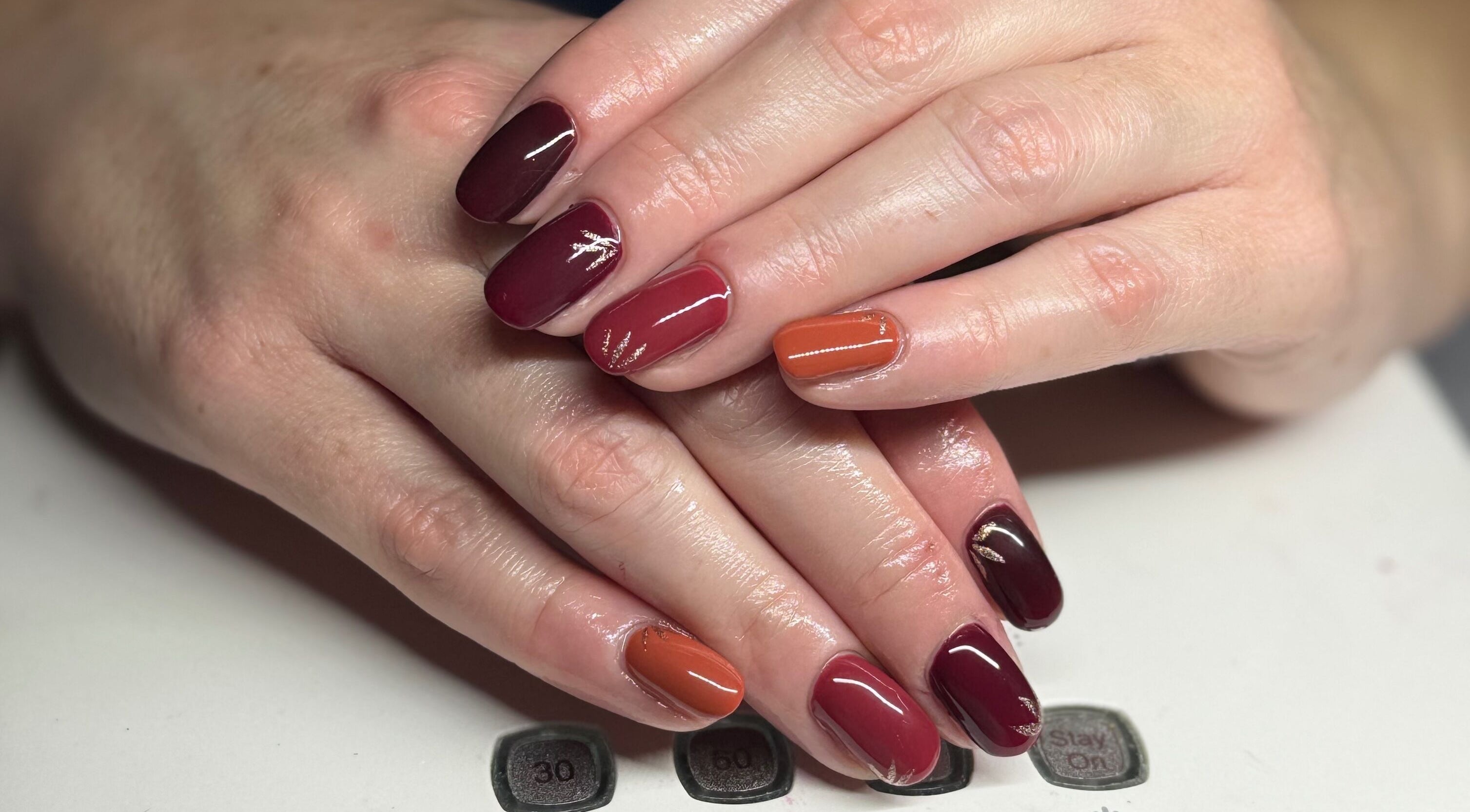 Elegant nail art by Polished by Bec Mobile Nail Services in Grimsby, Ontario, CA showcasing autumn colors.