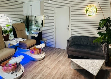 View Beauty Salon and Spa's elegant lounge with plush pedicure chairs in Vancouver, British Columbia, CA.