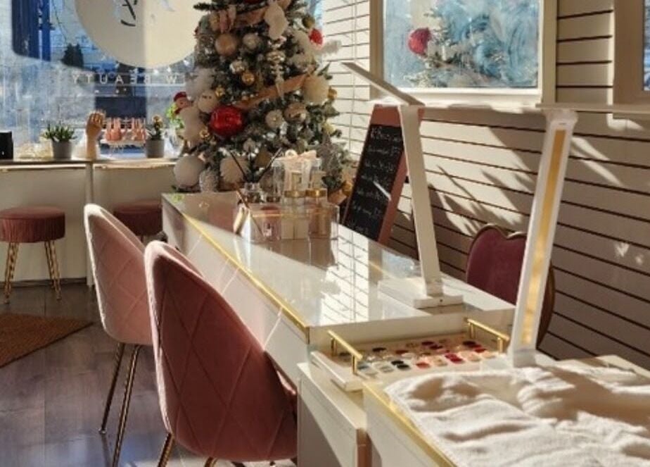 Chic interior of View Beauty Salon and Spa in Vancouver, British Columbia, CA, decorated for the holiday season.