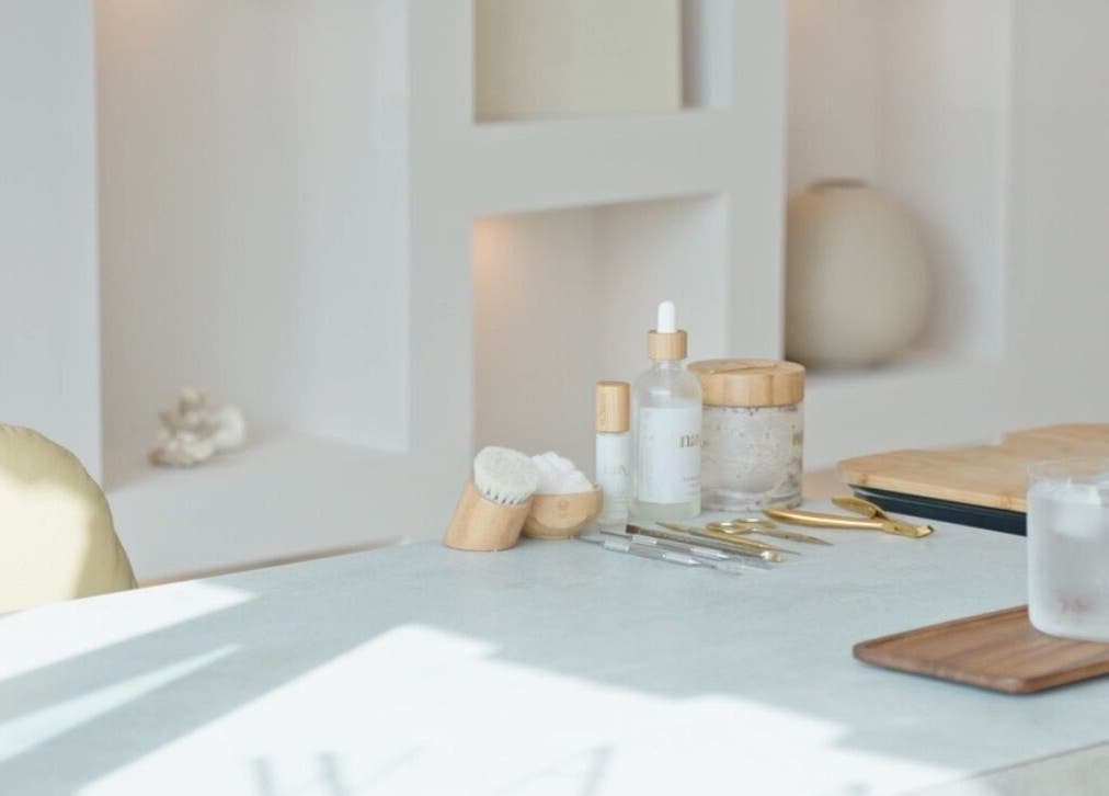Calm nail care setup at Liwa nails, Wadebridge, England, GB, featuring tools and skincare products.