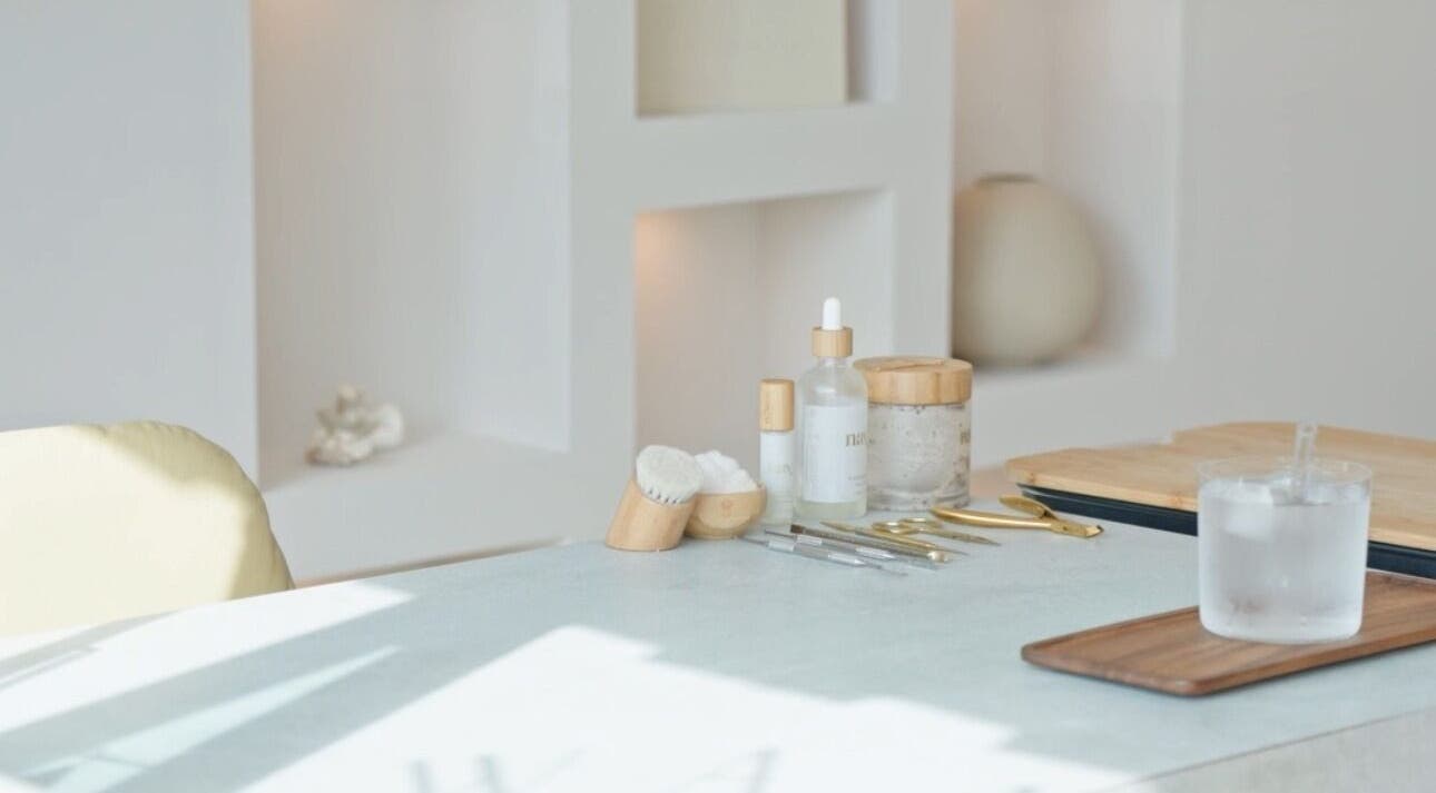 Calm nail care setup at Liwa nails, Wadebridge, England, GB, featuring tools and skincare products.