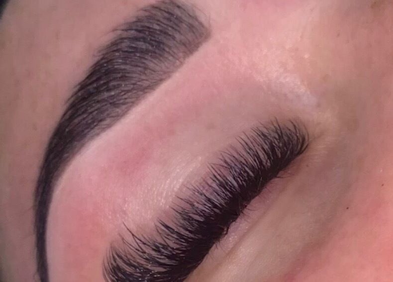 Close-up of expertly styled eyebrows and lashes at NAHLA Studio, Slough, England, GB.