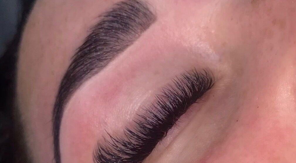 Close-up of expertly styled eyebrows and lashes at NAHLA Studio, Slough, England, GB.