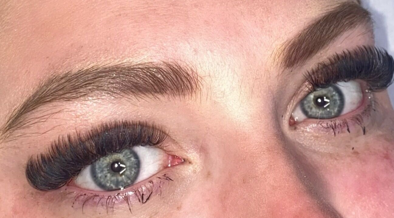 Close-up of expert eyelash extensions at NAHLA Studio in Slough, England, GB showcasing stunning lash detail.