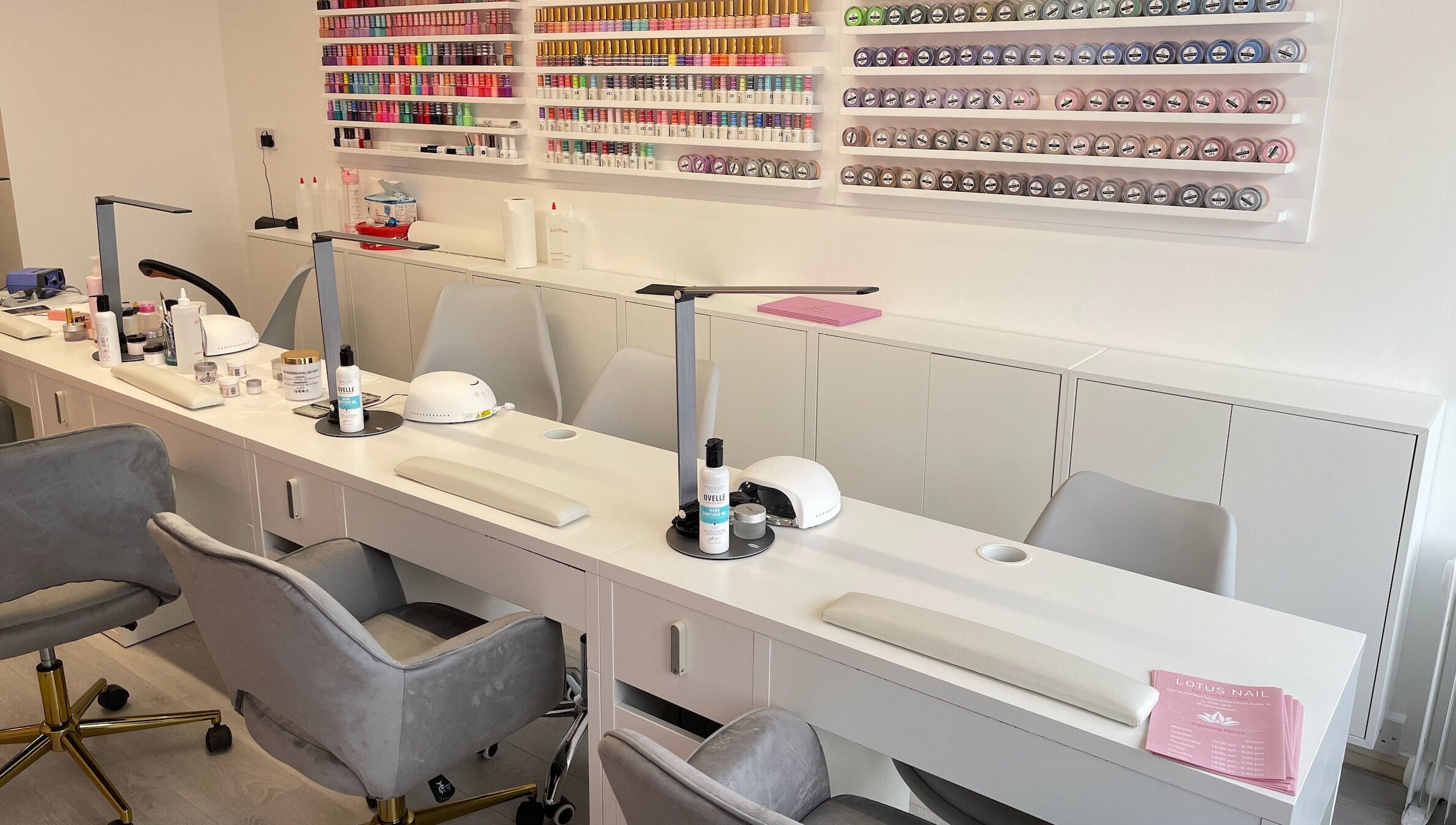 Lotus Nail Leopardstown's modern nail station in Dublin, County Dublin, IE with colorful gel polish display.